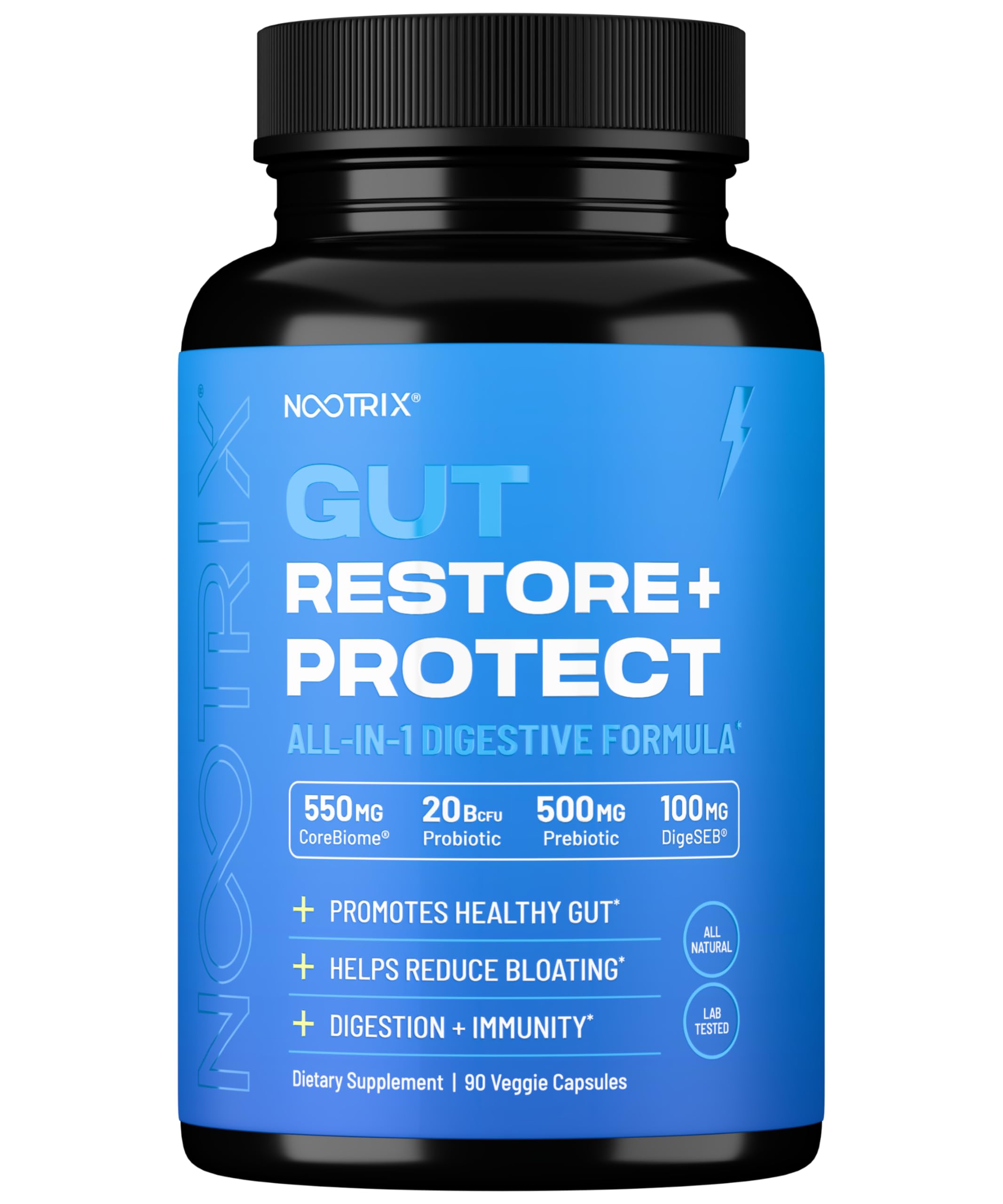 Nootrix Gut Restore bottle displaying probiotic prebiotic postbiotic blend for digestive support