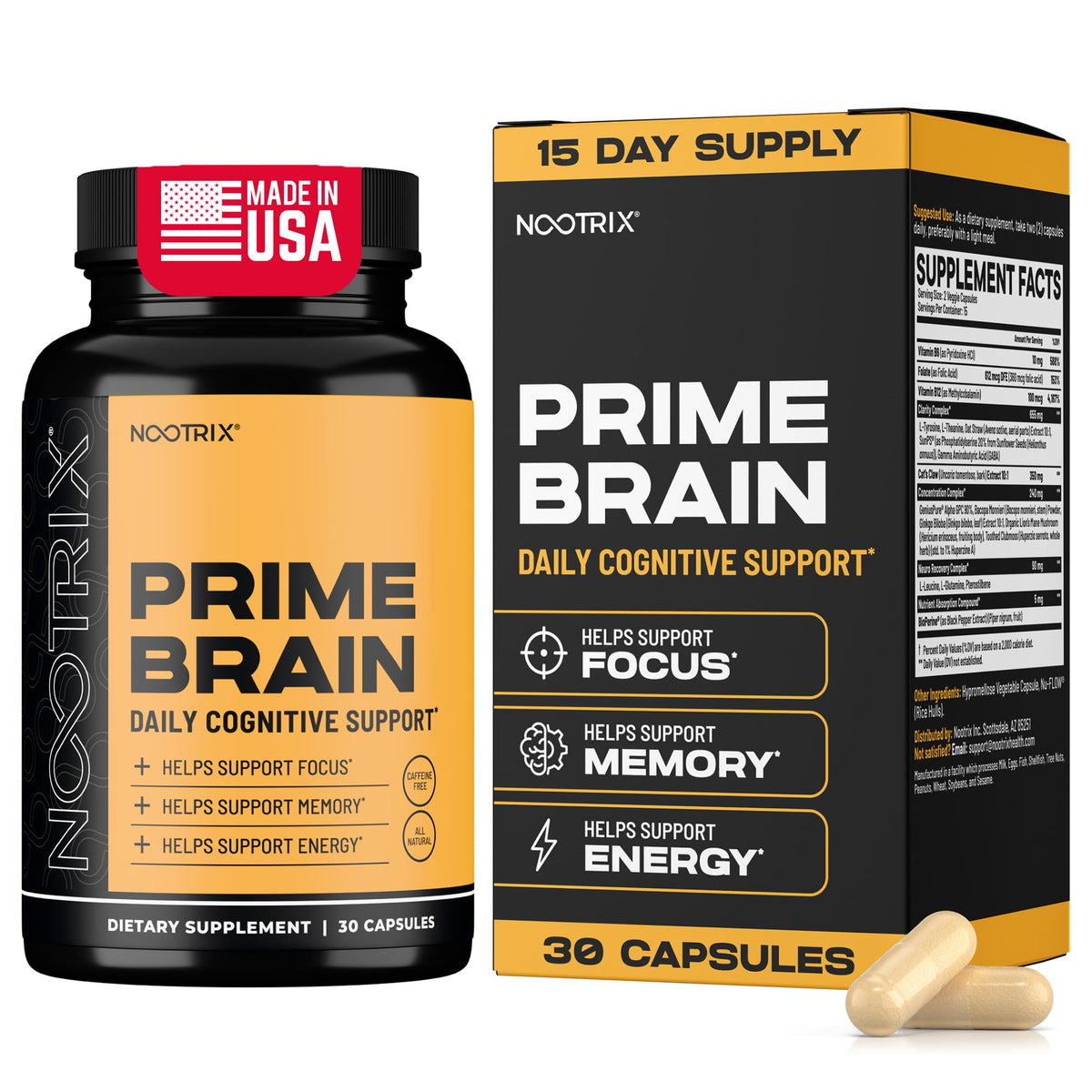 Nootrix Prime Brain bottle close-up supports daily focus and clarity.