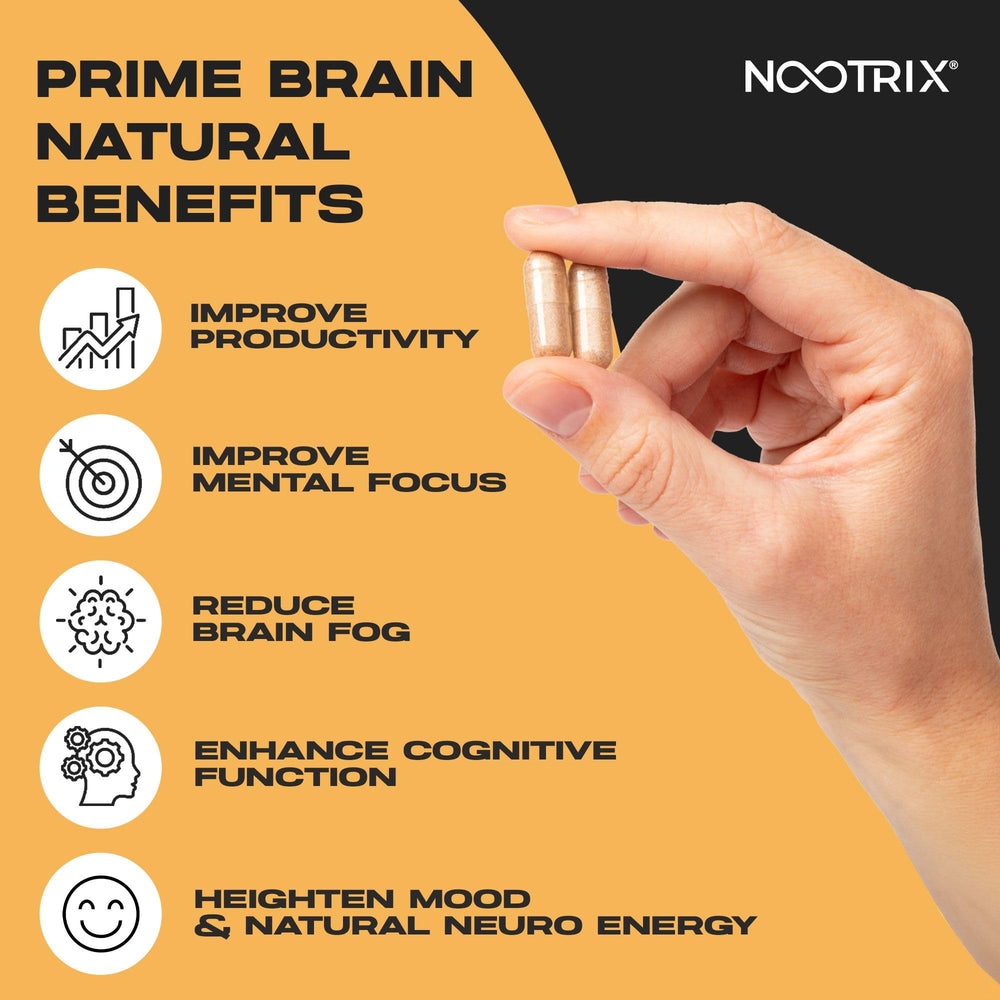 Nootrix Prime Brain bottle front displays branding and 30 capsules for daily use.
