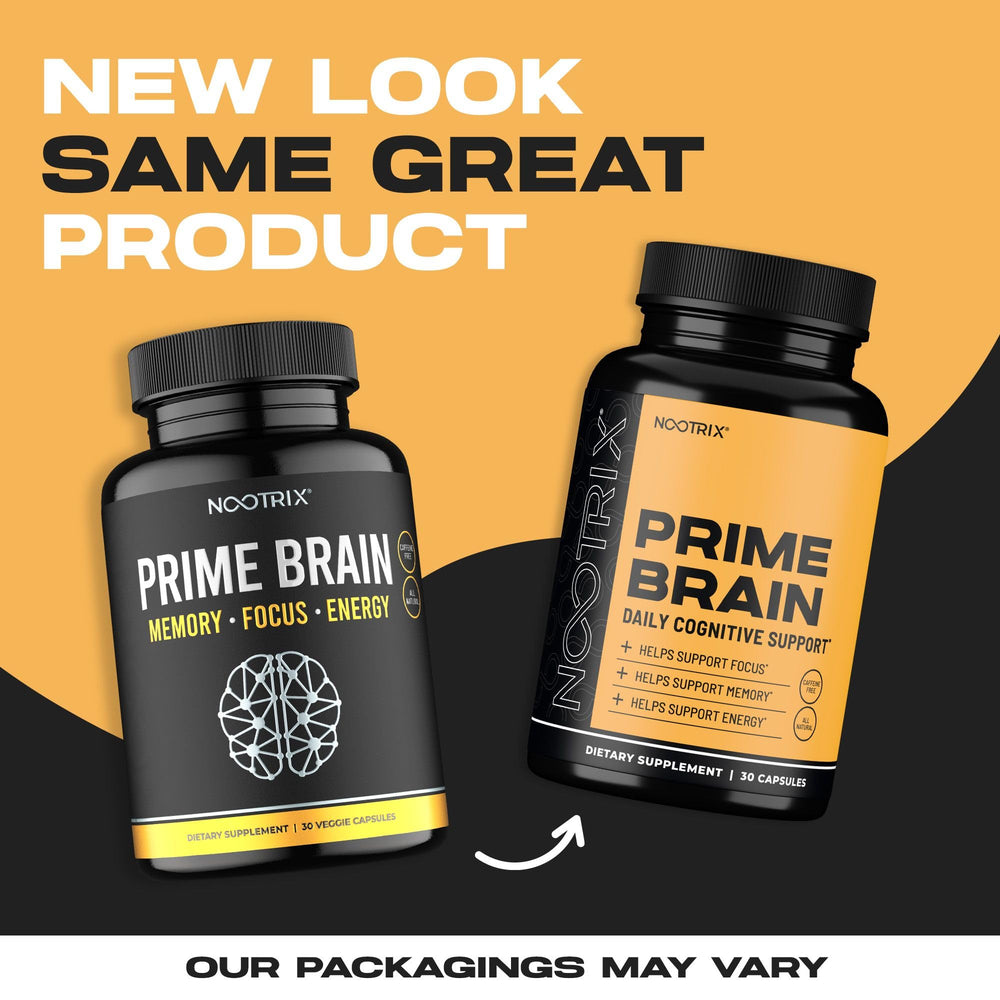 Nootrix Prime Brain label detail highlights Lion’s Mane and Ginkgo.