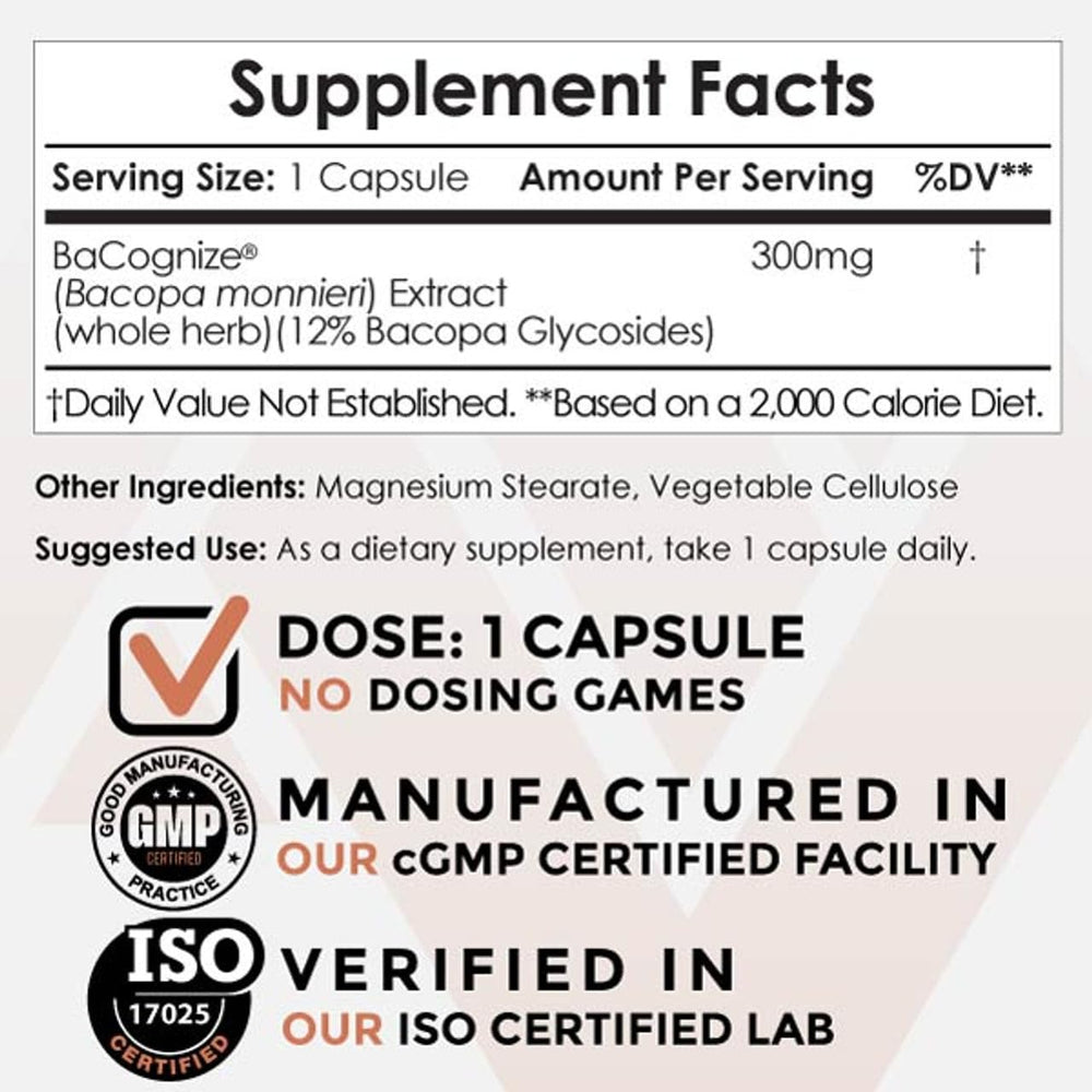 BaCognize capsules closeup highlights smooth, uniform capsules for memory and mood support.