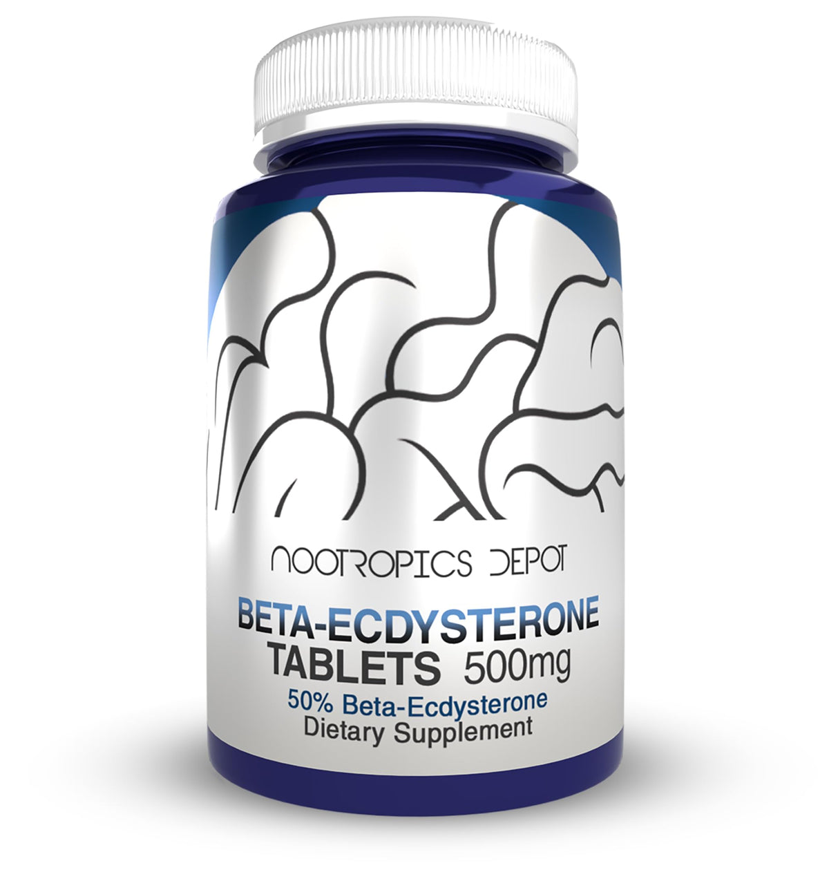Nootropics Depot Beta Ecdysterone tablets front view highlighting packaging and strength potential