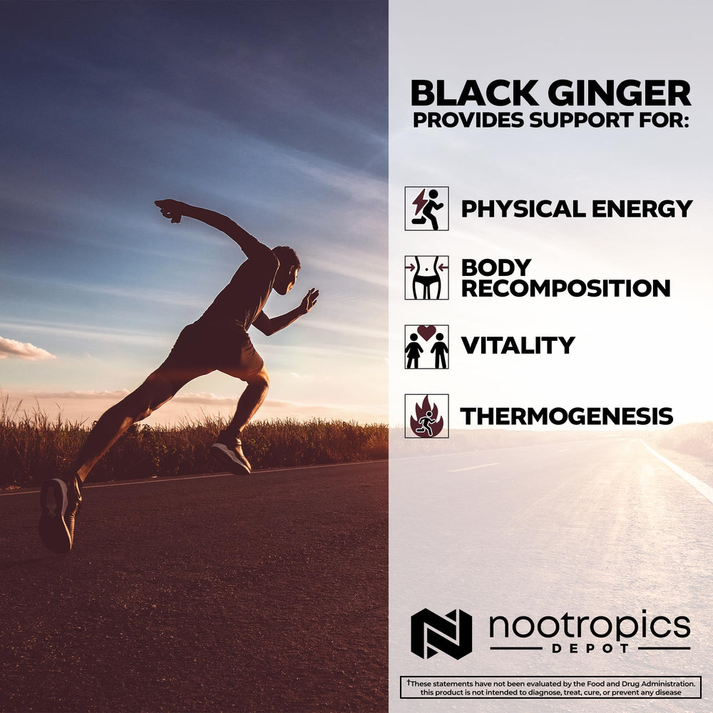 Nootropics Depot Black Ginger Extract Capsules bottle side view highlighting 60-count package for ongoing vitality.