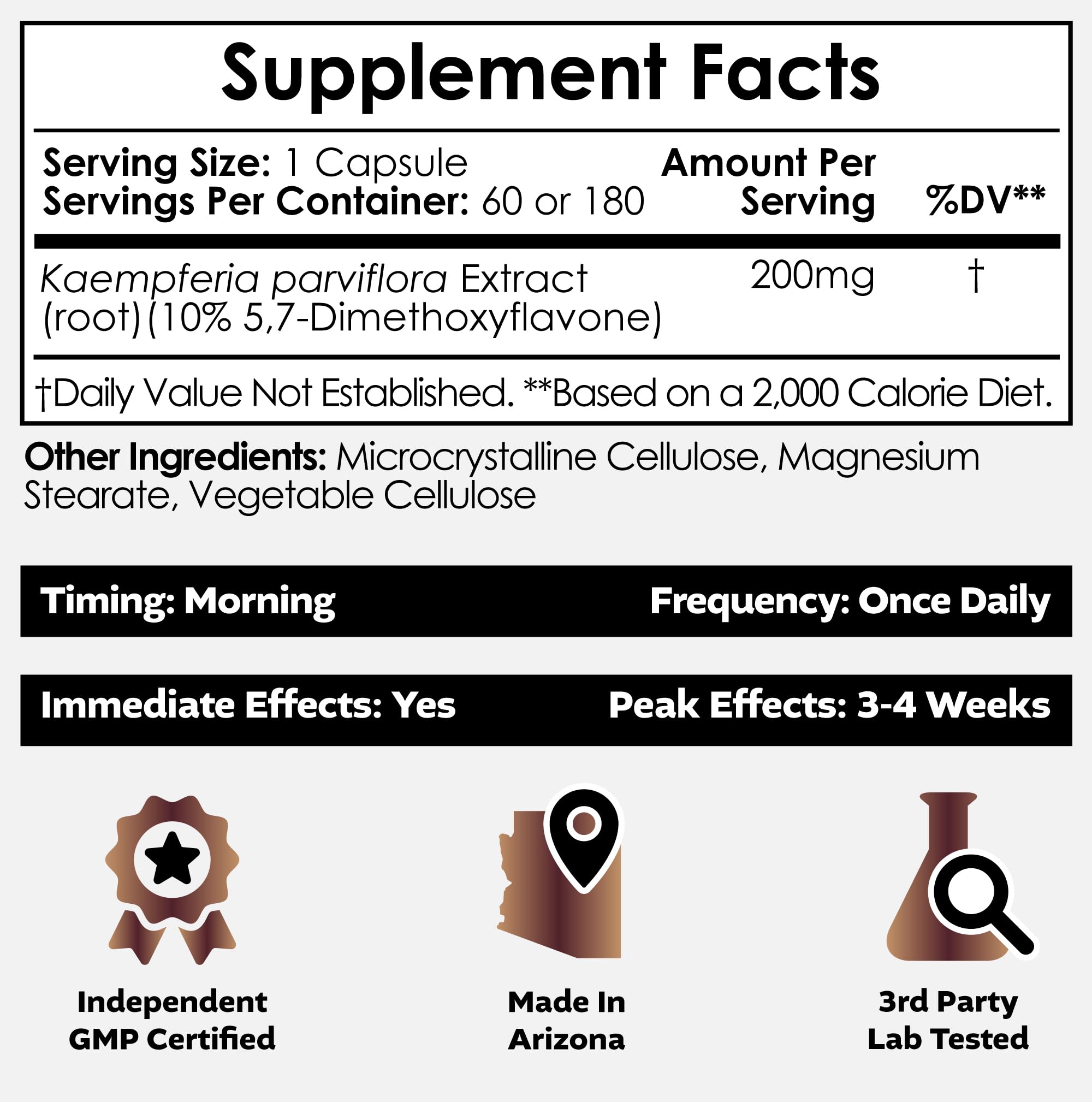 Nootropics Depot Black Ginger Extract Capsules label close-up emphasizes 10% 5,7-Dimethoxyflavone potency for vitality.