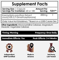 Nootropics Depot Black Ginger Extract Capsules label close-up emphasizes 10% 5,7-Dimethoxyflavone potency for vitality.