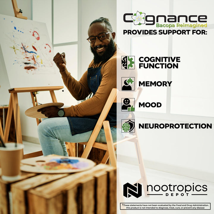 Nootropics Depot Cognance capsules being dispensed, daily routine ready.