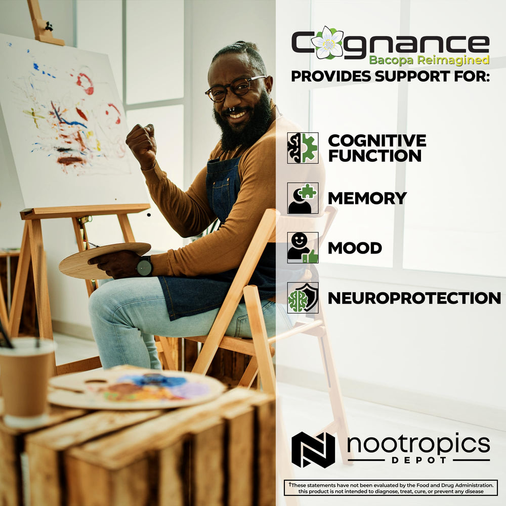 Nootropics Depot Cognance capsules being dispensed, daily routine ready.
