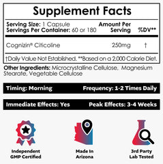 Nootropics Depot Cognizin capsules label closeup highlighting citicoline benefits