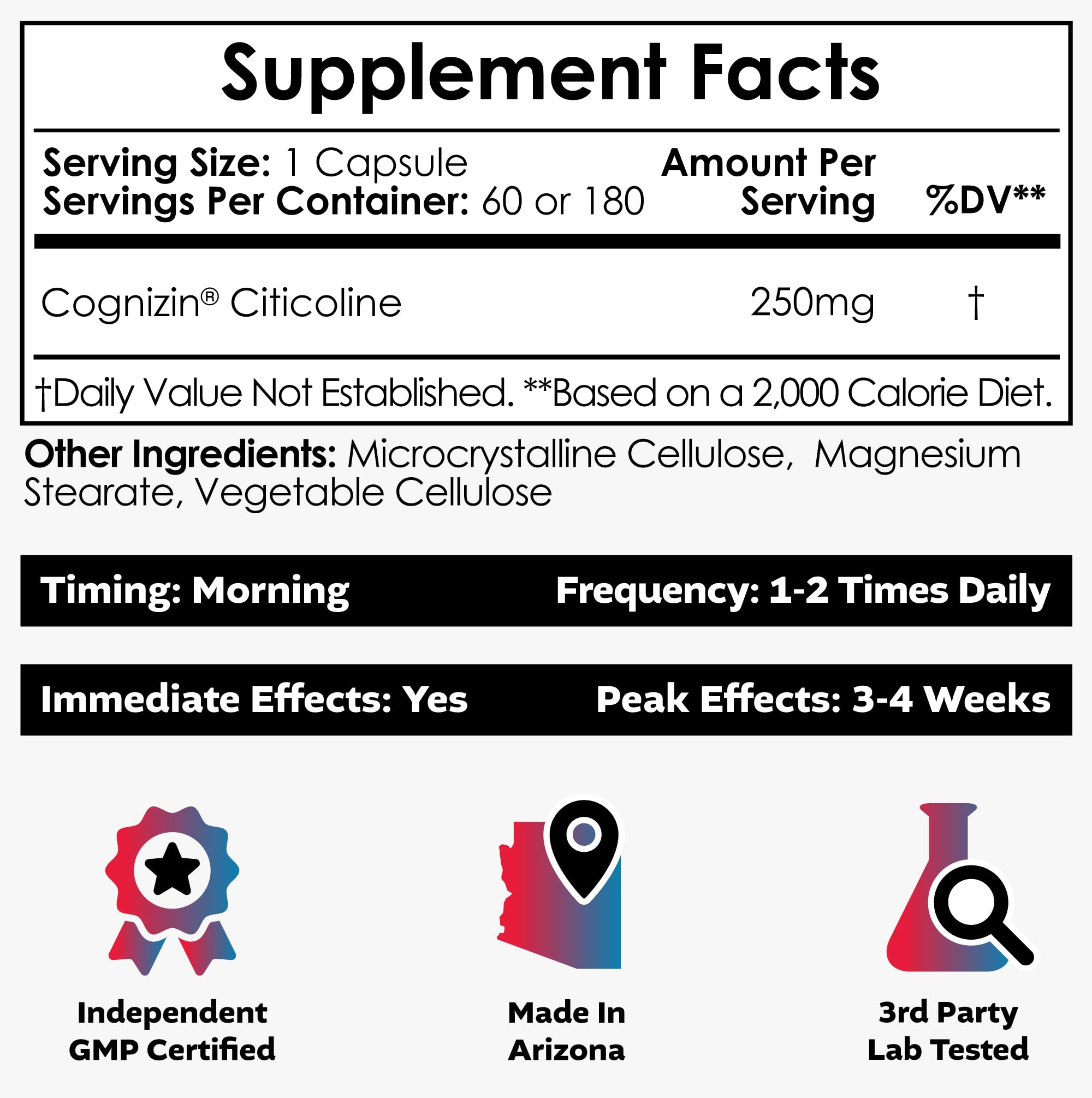 Nootropics Depot Cognizin label close-up showing dosage and product details.
