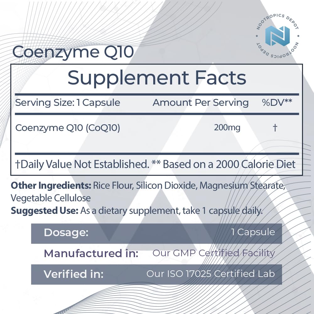 Nootropics Depot CoQ10 bottle front shows label and dosage for energy support.