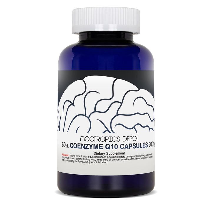 Closeup of Nootropics Depot CoQ10 capsules highlighting capsules and packaging quality.