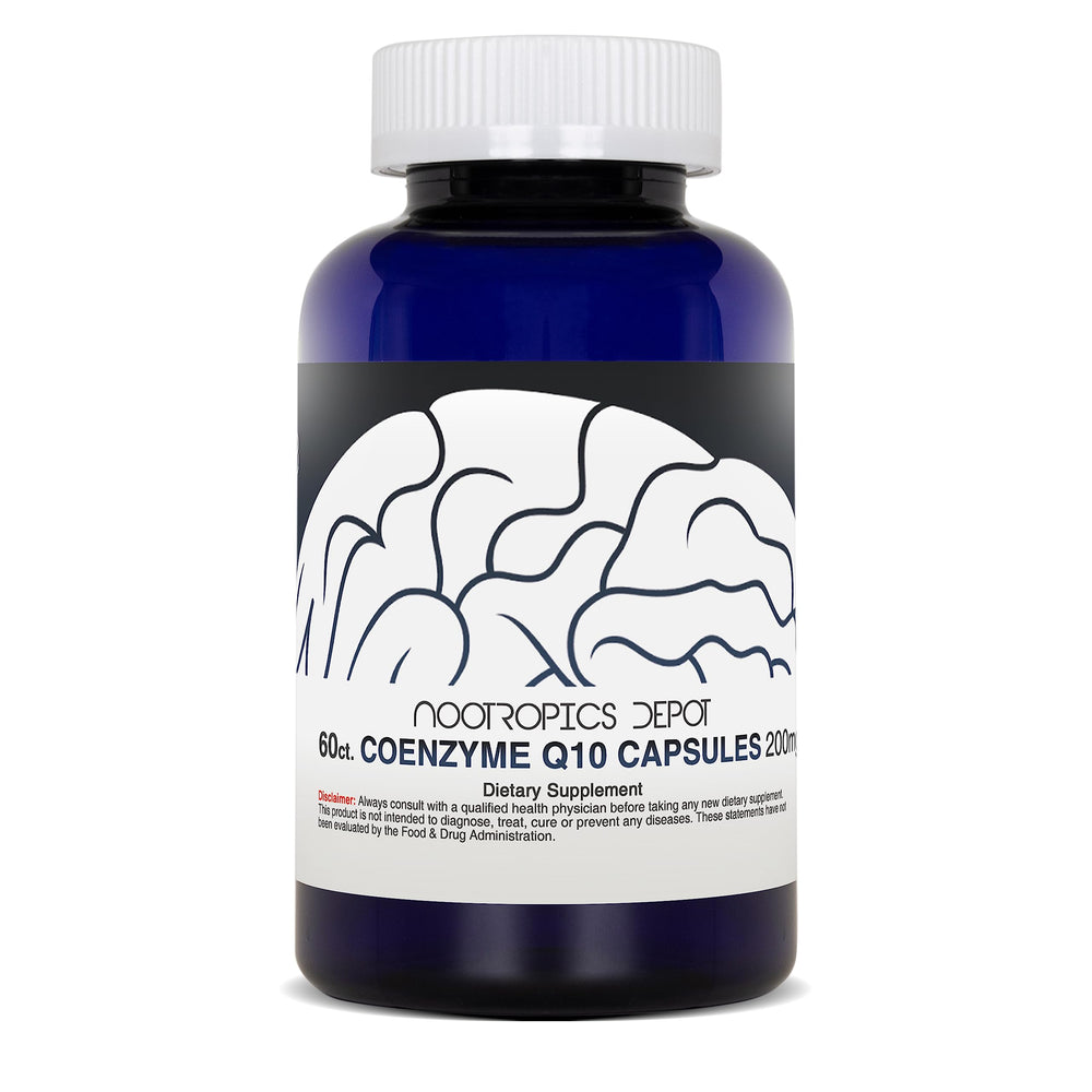 Closeup of Nootropics Depot CoQ10 capsules highlighting capsules and packaging quality.