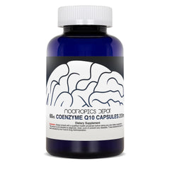 Closeup of Nootropics Depot CoQ10 capsules highlighting capsules and packaging quality.