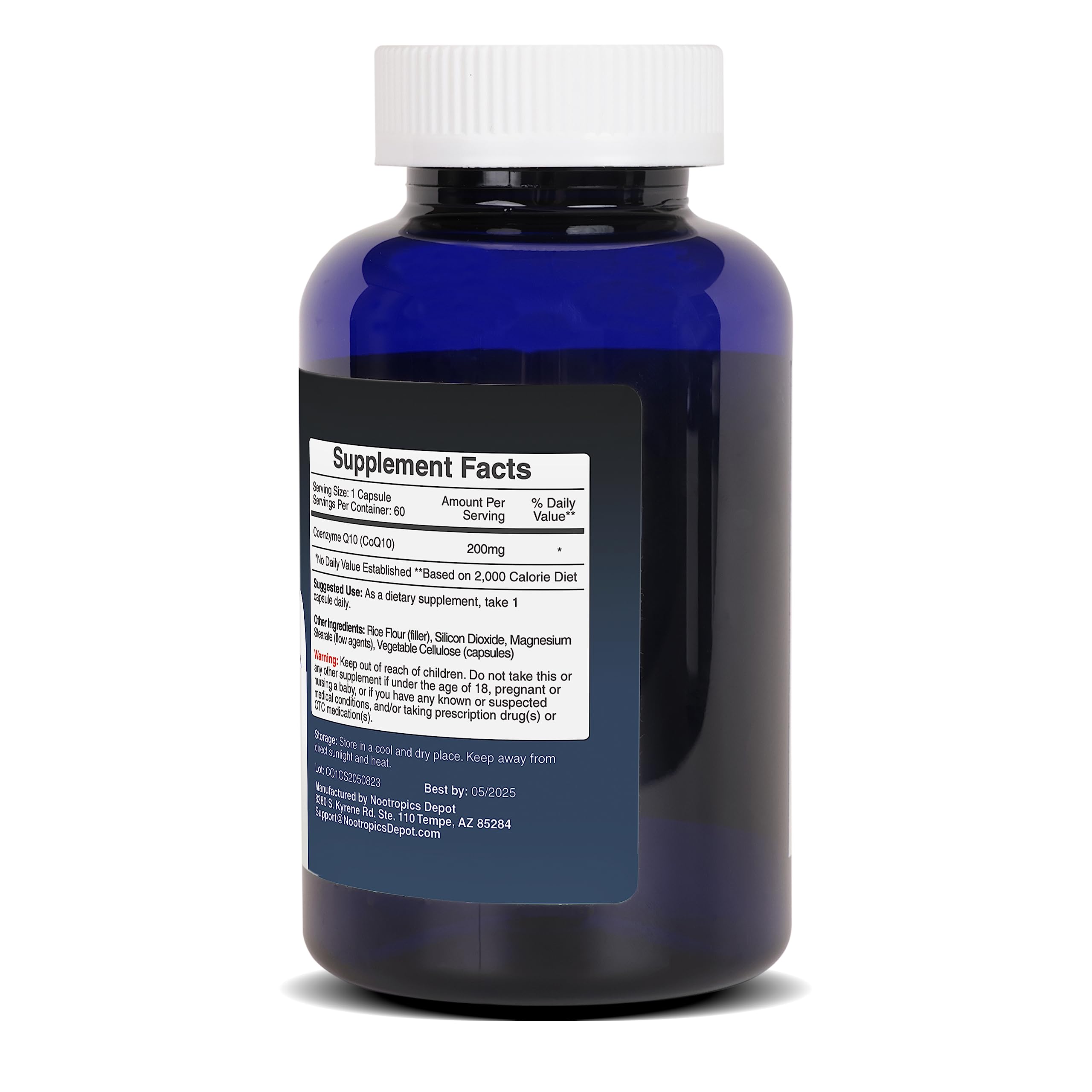Lab-tested sticker on Nootropics Depot CoQ10 bottle highlighting potency and purity.