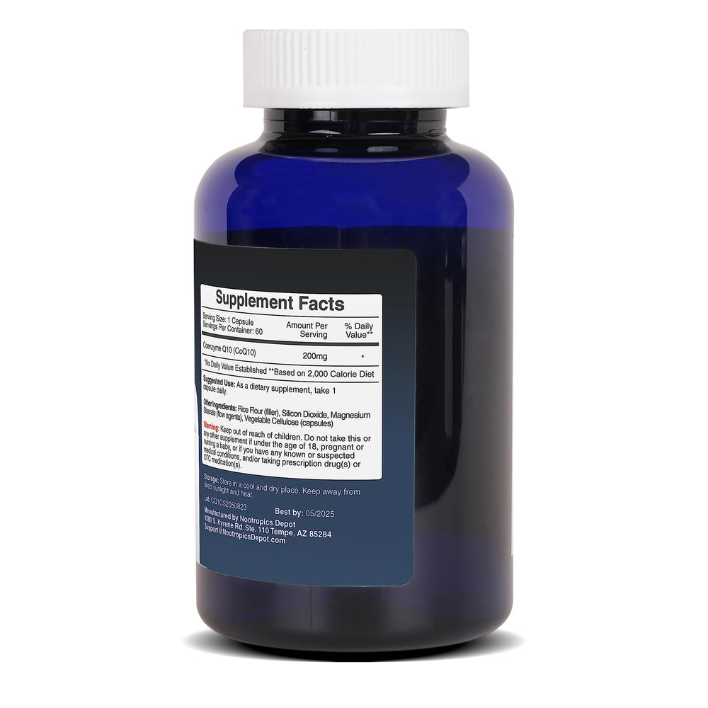 Lab-tested sticker on Nootropics Depot CoQ10 bottle highlighting potency and purity.