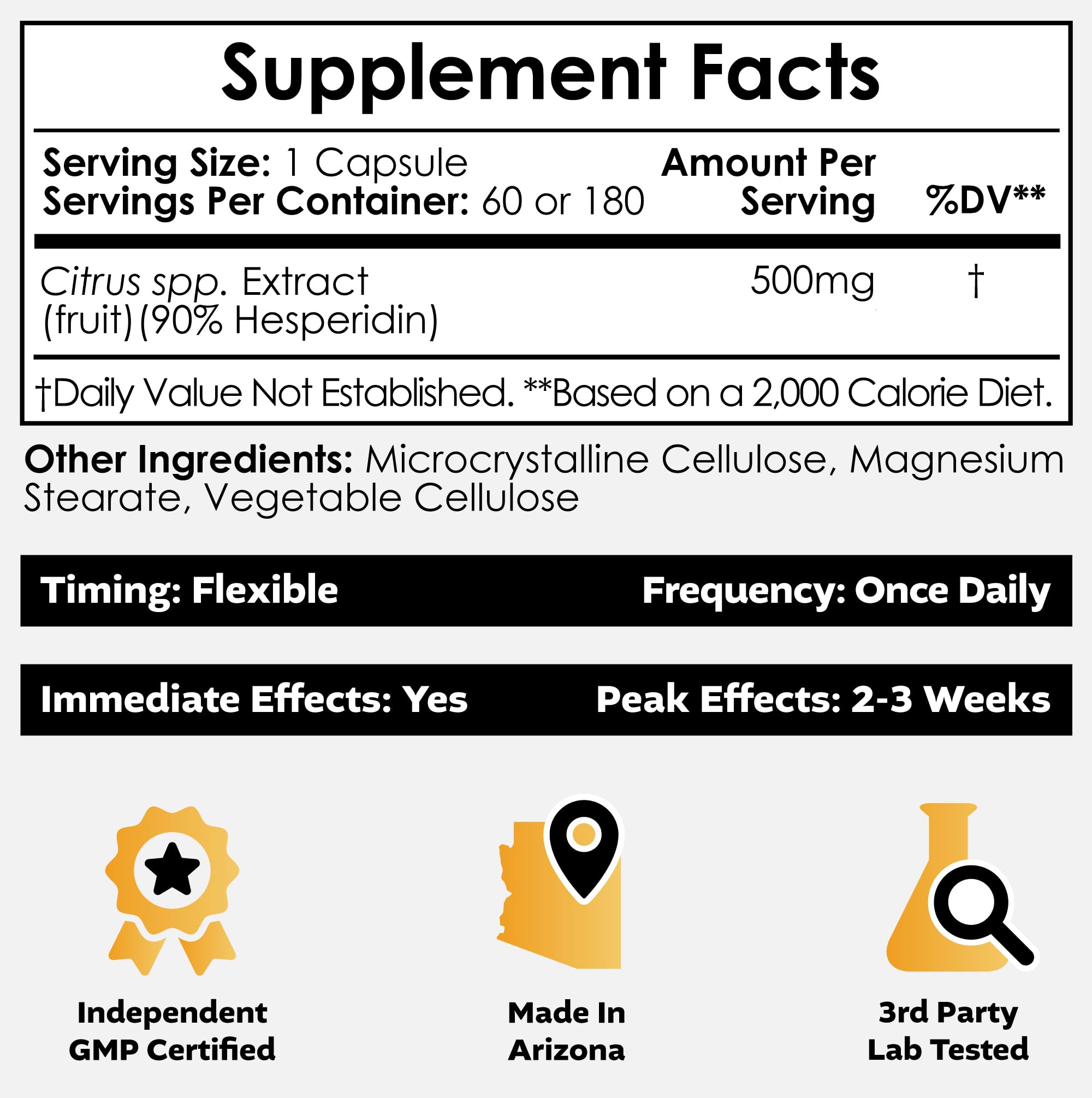 Nootropics Depot hesperidin capsules closeup, showing easy-to-swallow capsules for everyday vitality.