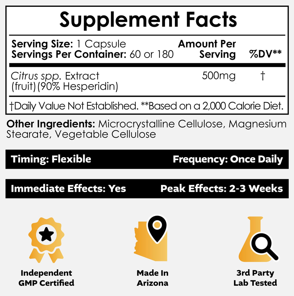 Nootropics Depot hesperidin capsules closeup, showing easy-to-swallow capsules for everyday vitality.