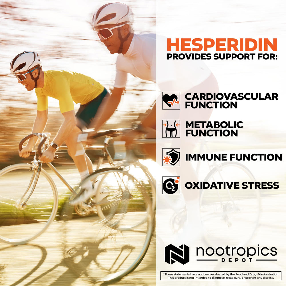 Nootropics Depot hesperidin capsules 90 percent extract, emphasizing high potency citrus source.