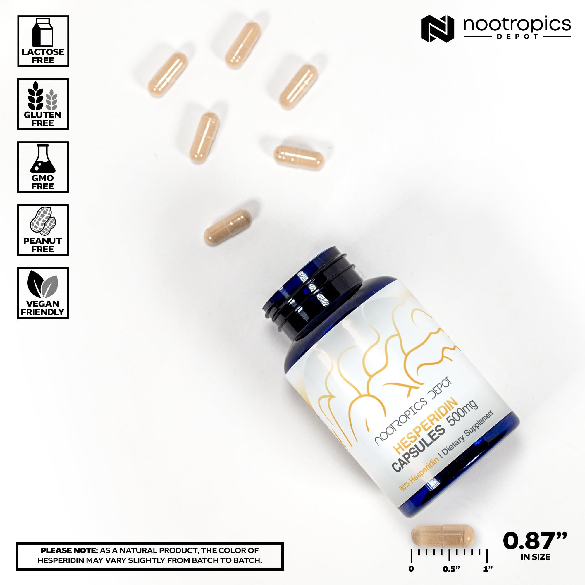 Nootropics Depot hesperidin capsules label detail, highlighting transparent ingredients and 90% citrus extract.