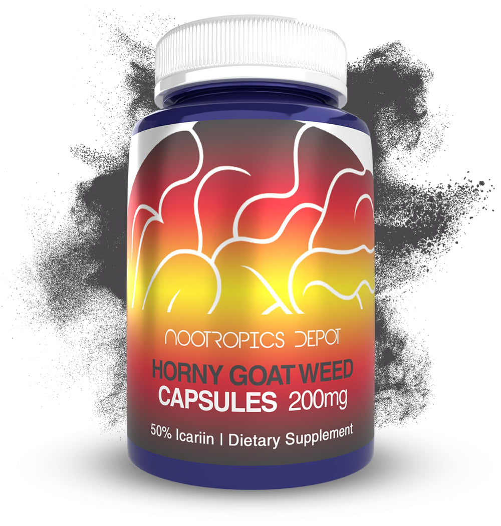 Nootropics Depot Horny Goat Weed capsules (200mg) on white background, highlighting potent icariin content for daily vitality.