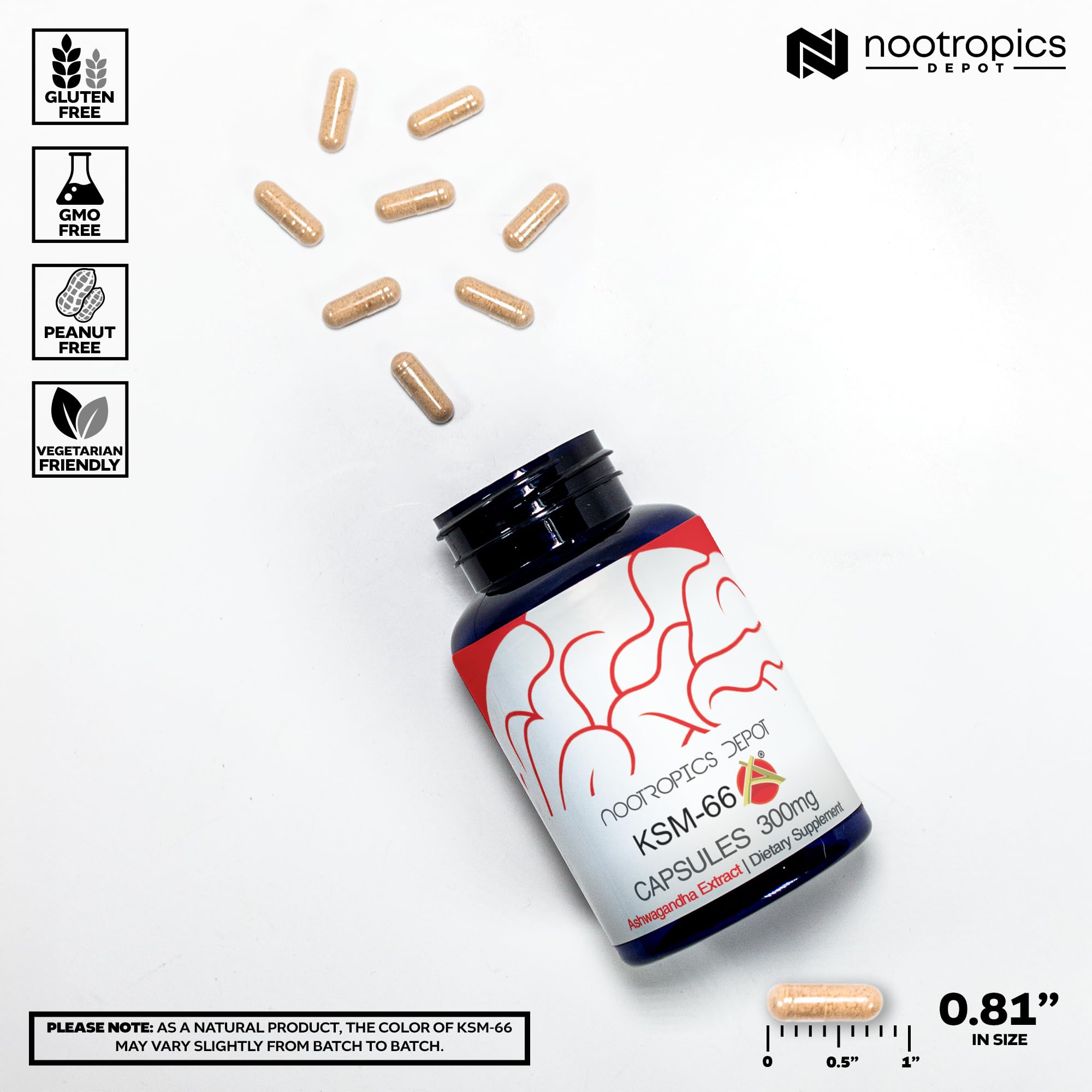 Nootropics Depot KSM-66 Ashwagandha label close-up highlighting root extract.
