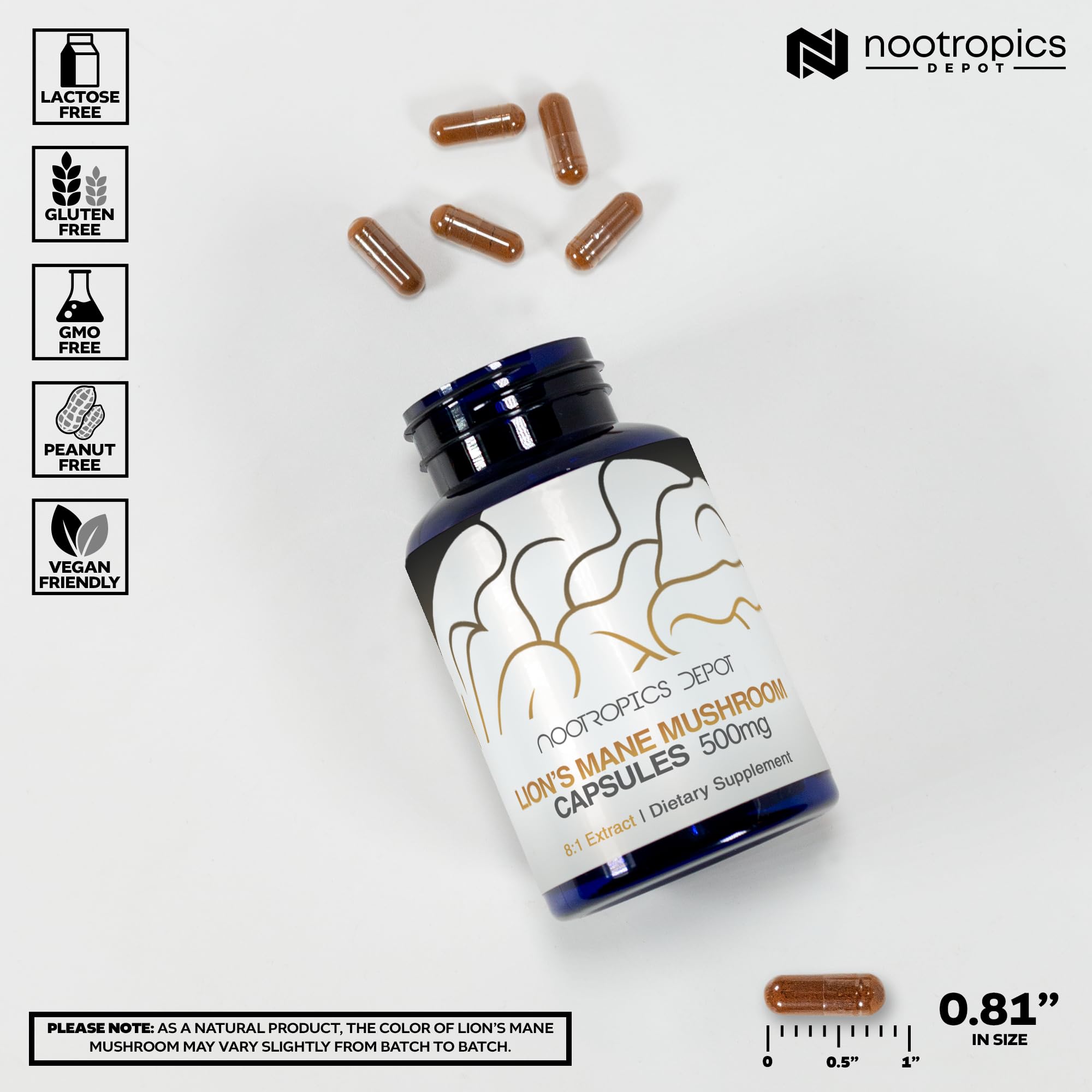 Nootropics Depot Lions Mane bottle side showing clear label for easy ingredient visibility.