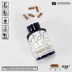 Nootropics Depot Lions Mane bottle side showing clear label for easy ingredient visibility.
