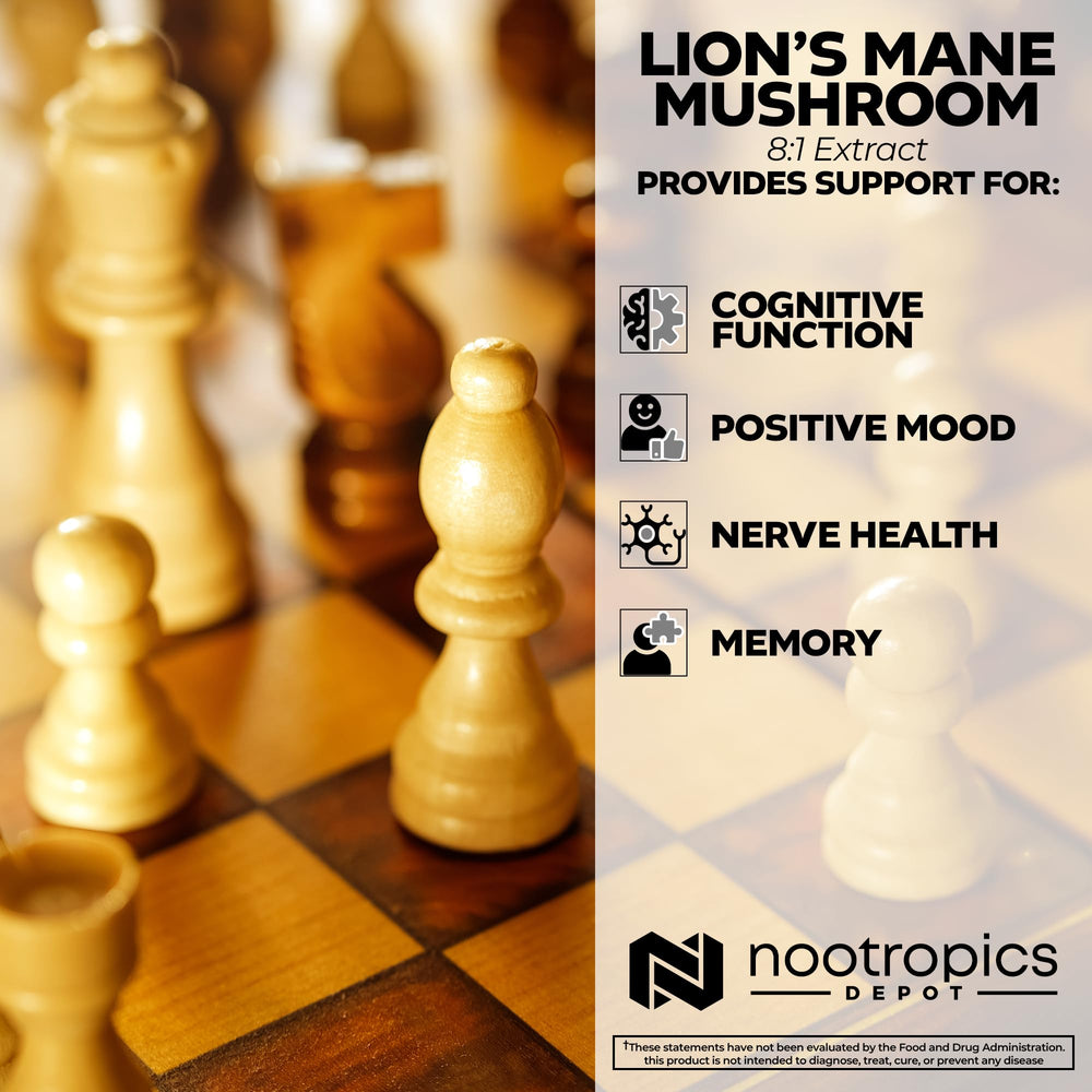 Nootropics Depot Lions Mane capsules closeup highlighting 500 mg potency.