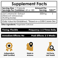 Nootropics Depot Lions Mane capsules close-up shows 500 mg per serving.