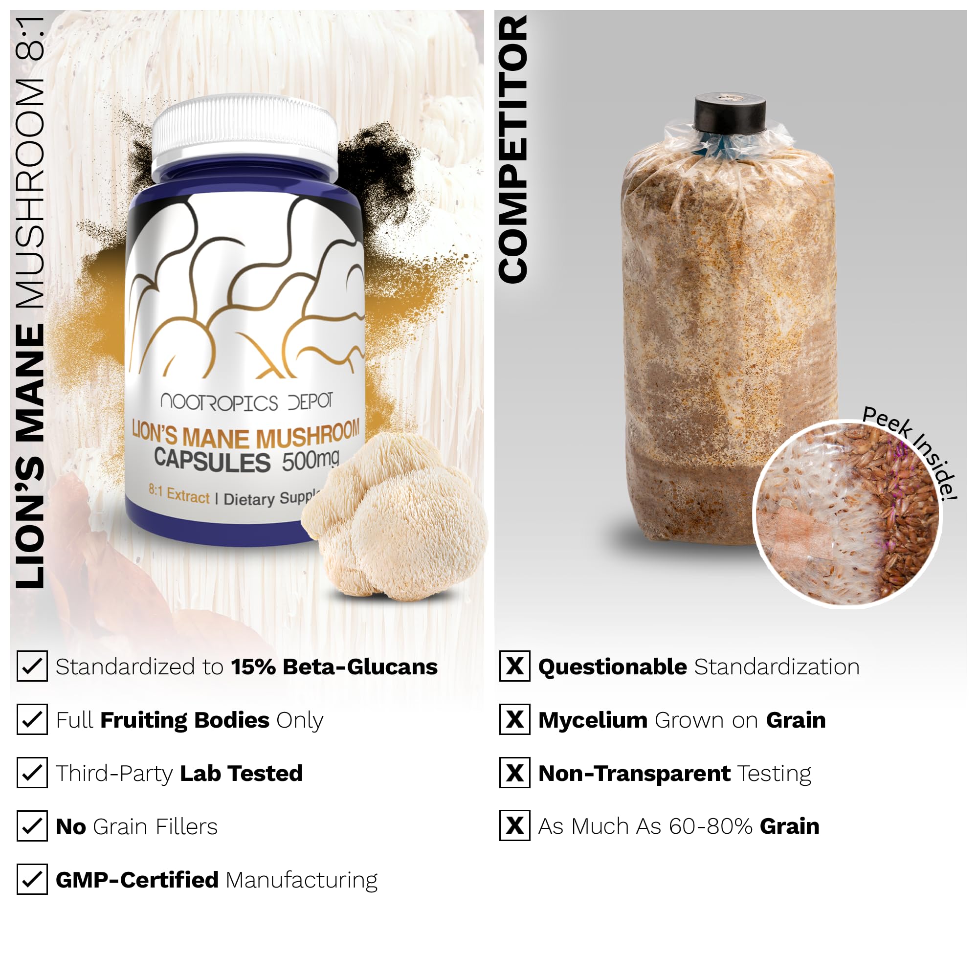 Nootropics Depot Lions Mane fruiting body image reflects traditional origins.