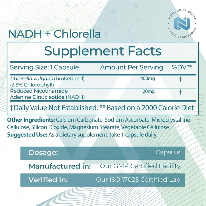 NADH + Chlorella label close-up highlights 400 mg capsules for daily use.