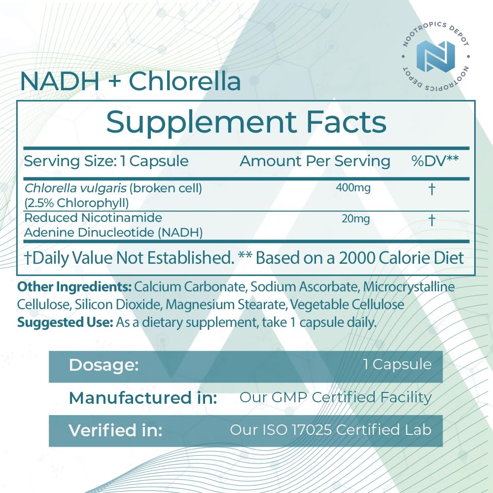 NADH + Chlorella label close-up highlights 400 mg capsules for daily use.