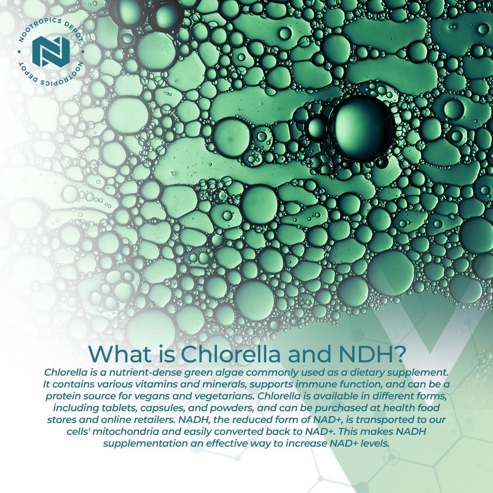 Front packaging emphasizes NADH and chlorophyll blend for potential cognitive support.