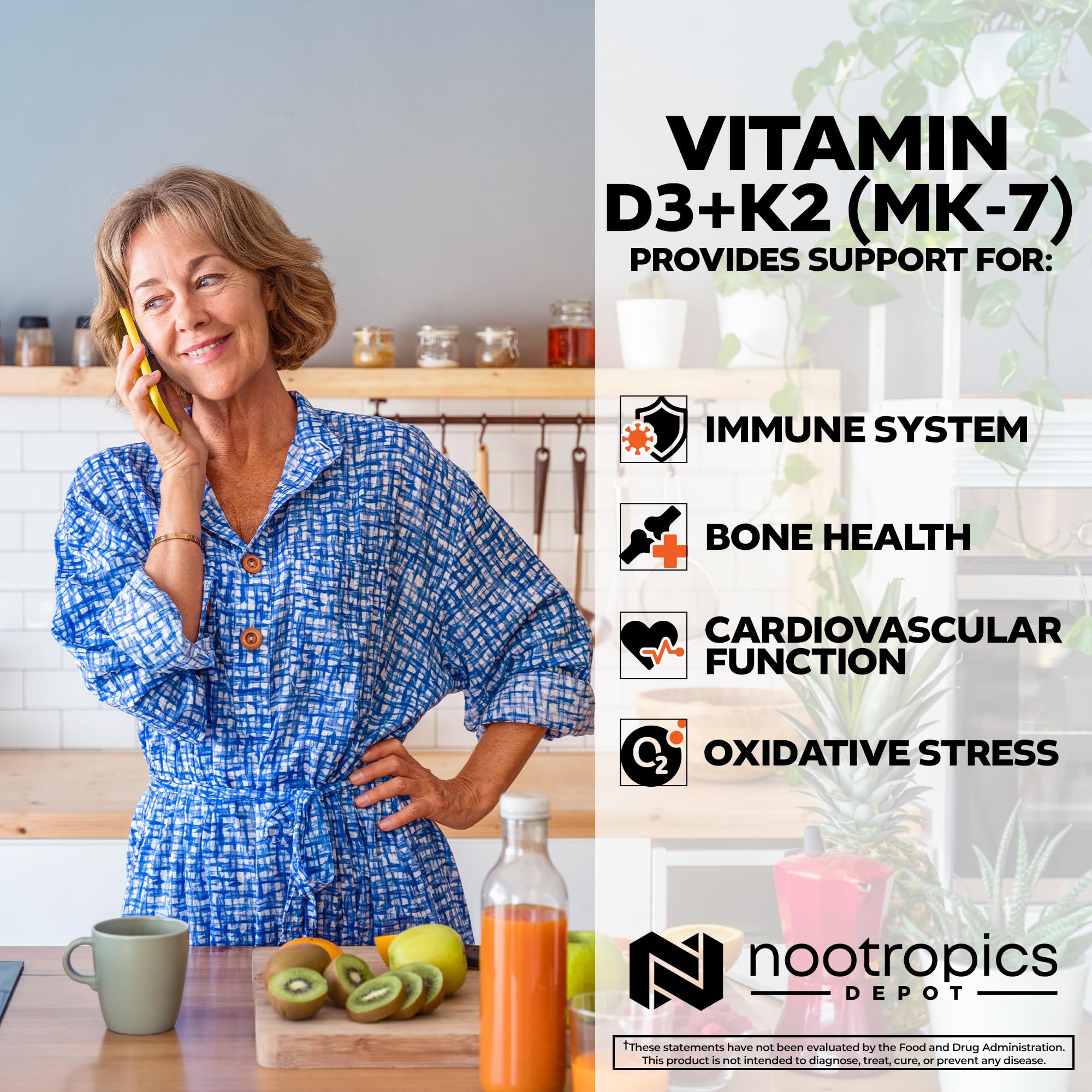 Product packaging details D3 K2 C blend and dosage information.