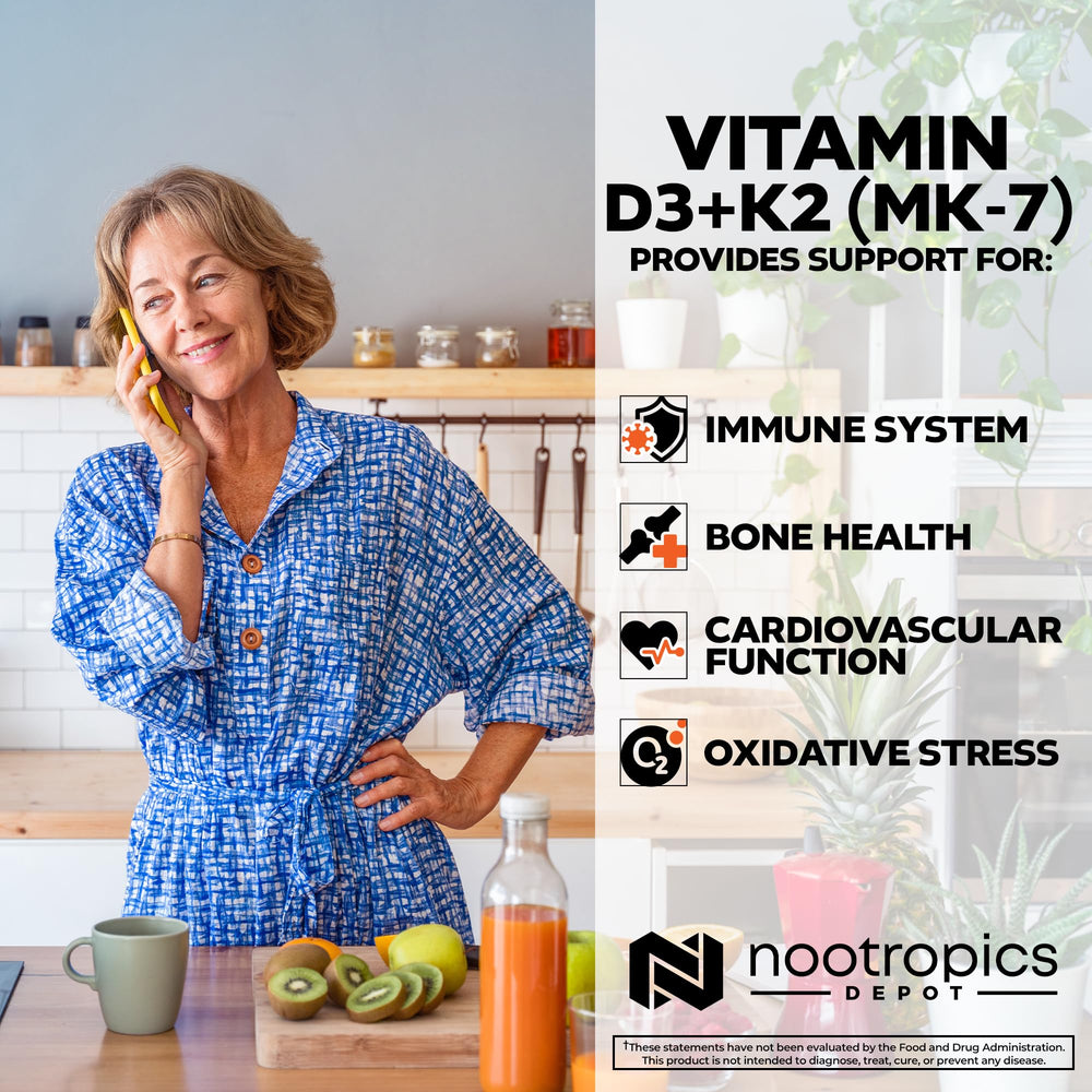 Product packaging details D3 K2 C blend and dosage information.