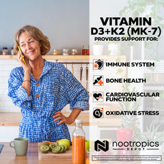 Product packaging details D3 K2 C blend and dosage information.