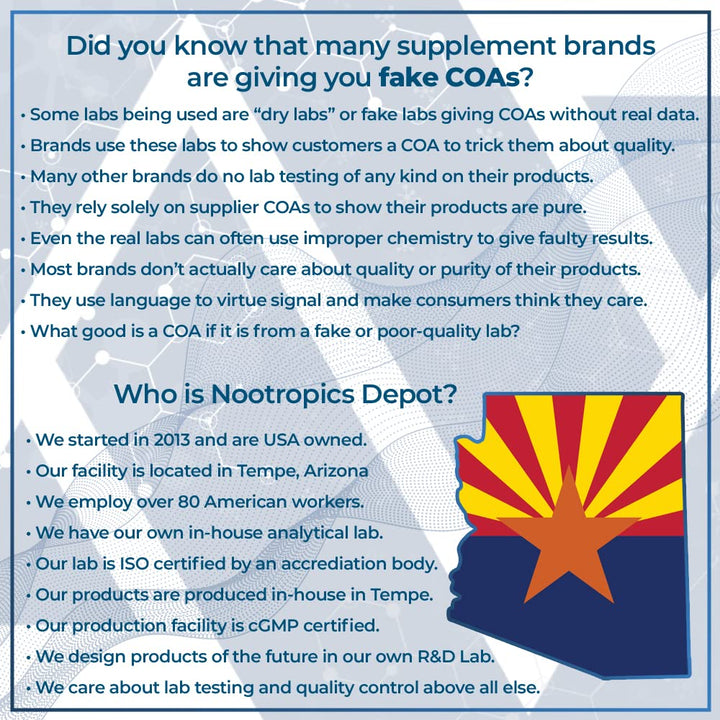 Nootropics Depot Pregnenolone lab-tested symbol on packaging hints at quality control.