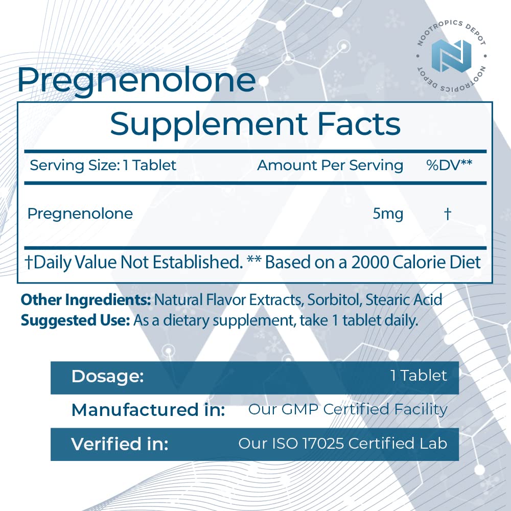 Nootropics Depot Pregnenolone quick-dissolve tablets bottle shown for convenient daily dosing.