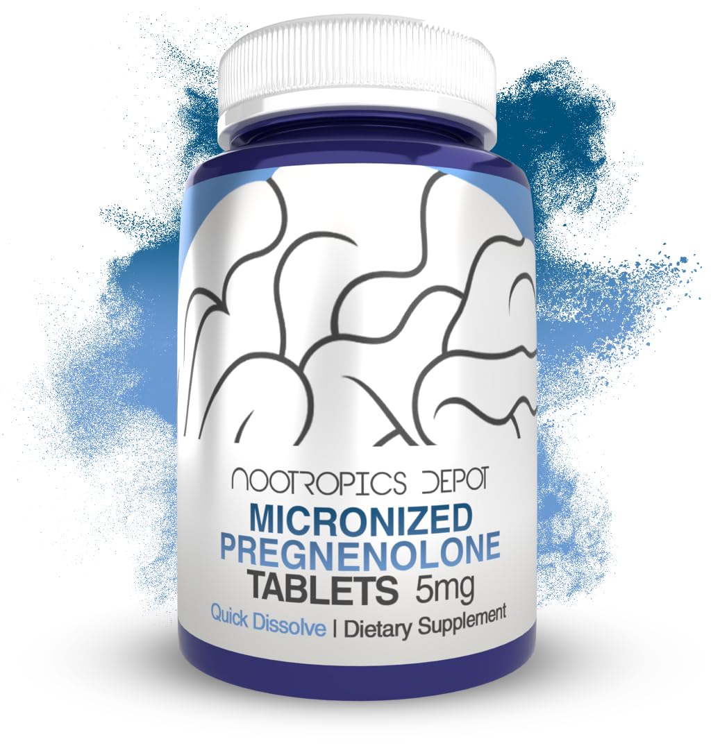 Nootropics Depot Pregnenolone quick-dissolve tablets pack highlights 5 mg strength for daily support.