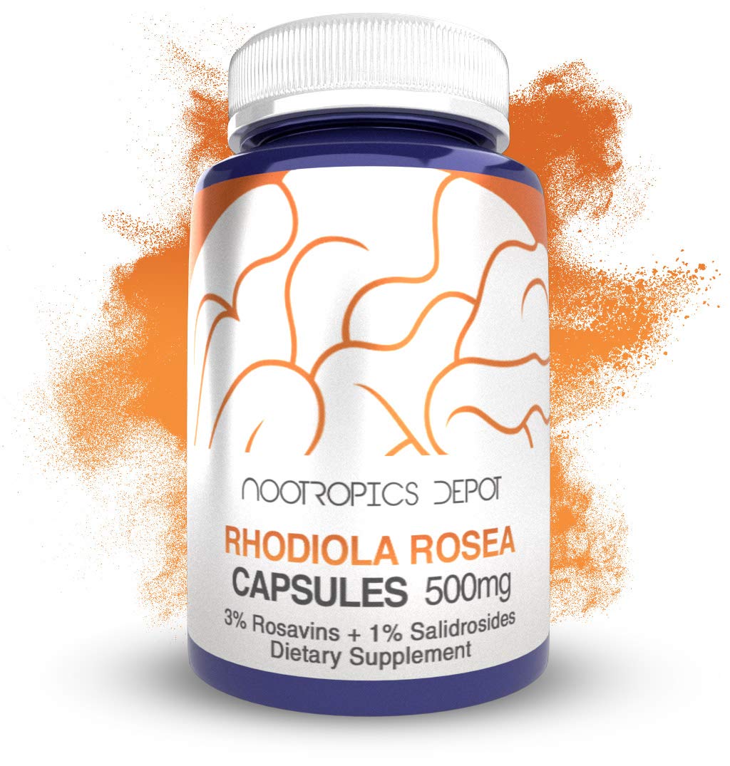 Nootropics Depot Rhodiola Rosea capsules bottle shows 500mg Rosavins for stress support