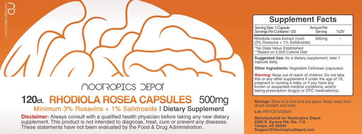 Nootropics Depot Rhodiola Rosea bottle front, convenient daily supplement for focus.