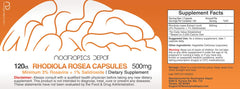 Nootropics Depot Rhodiola Rosea bottle front, convenient daily supplement for focus.