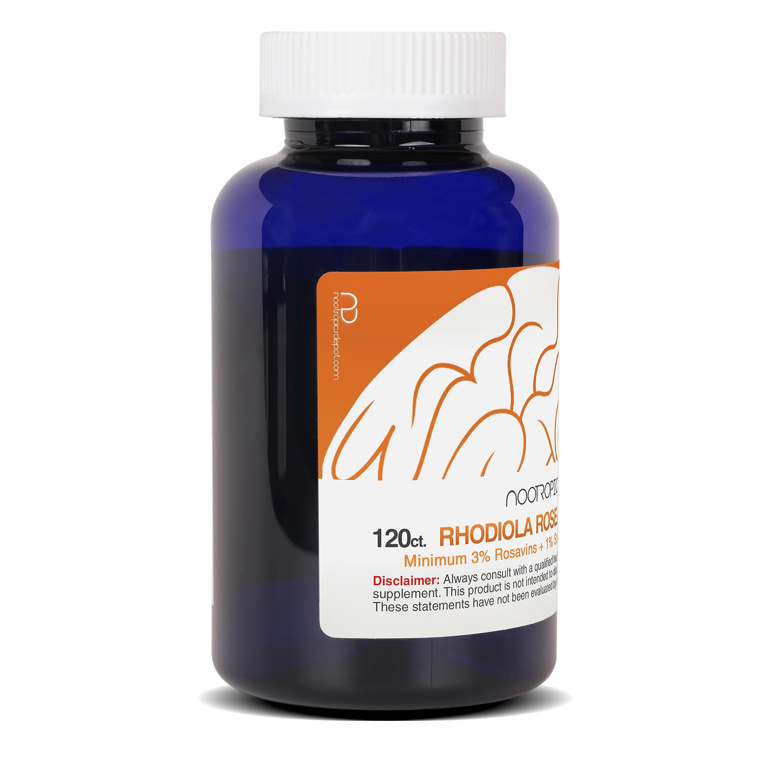 Package shot of Nootropics Depot Rhodiola Rosea capsules for Ayurvedic wellness.