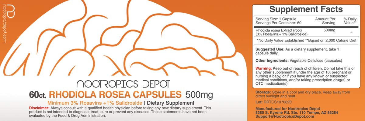 Nootropics Depot Rhodiola Rosea bottle label highlights adaptogen benefits for focus