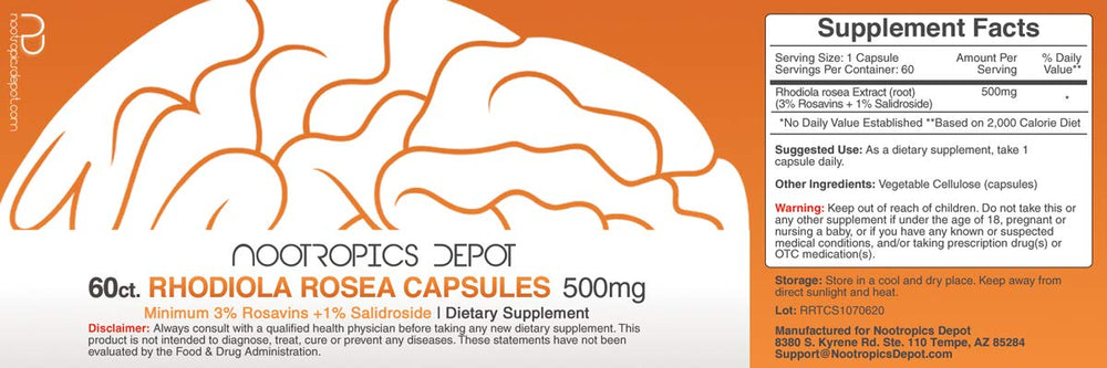 Nootropics Depot Rhodiola Rosea bottle label highlights adaptogen benefits for focus