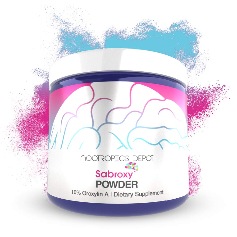 Nootropics Depot Sabroxy Oroxylin-A powder container supports focus and motivation.