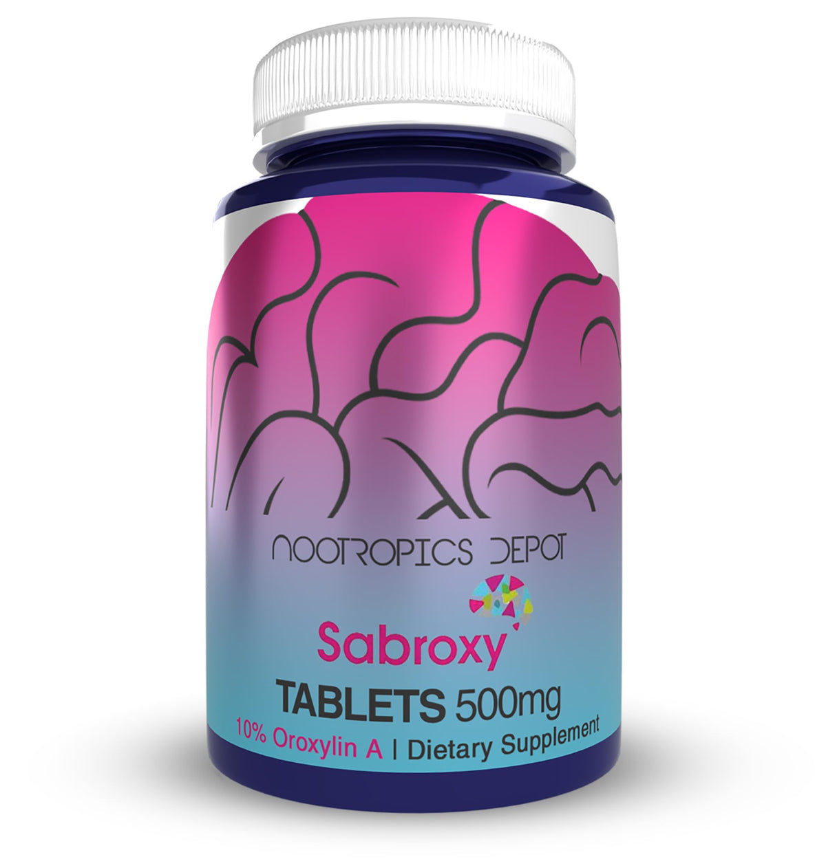 Nootropics Depot Sabroxy tablets in bottle promote focus and motivation.