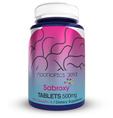 Nootropics Depot Sabroxy tablets in bottle promote focus and motivation.
