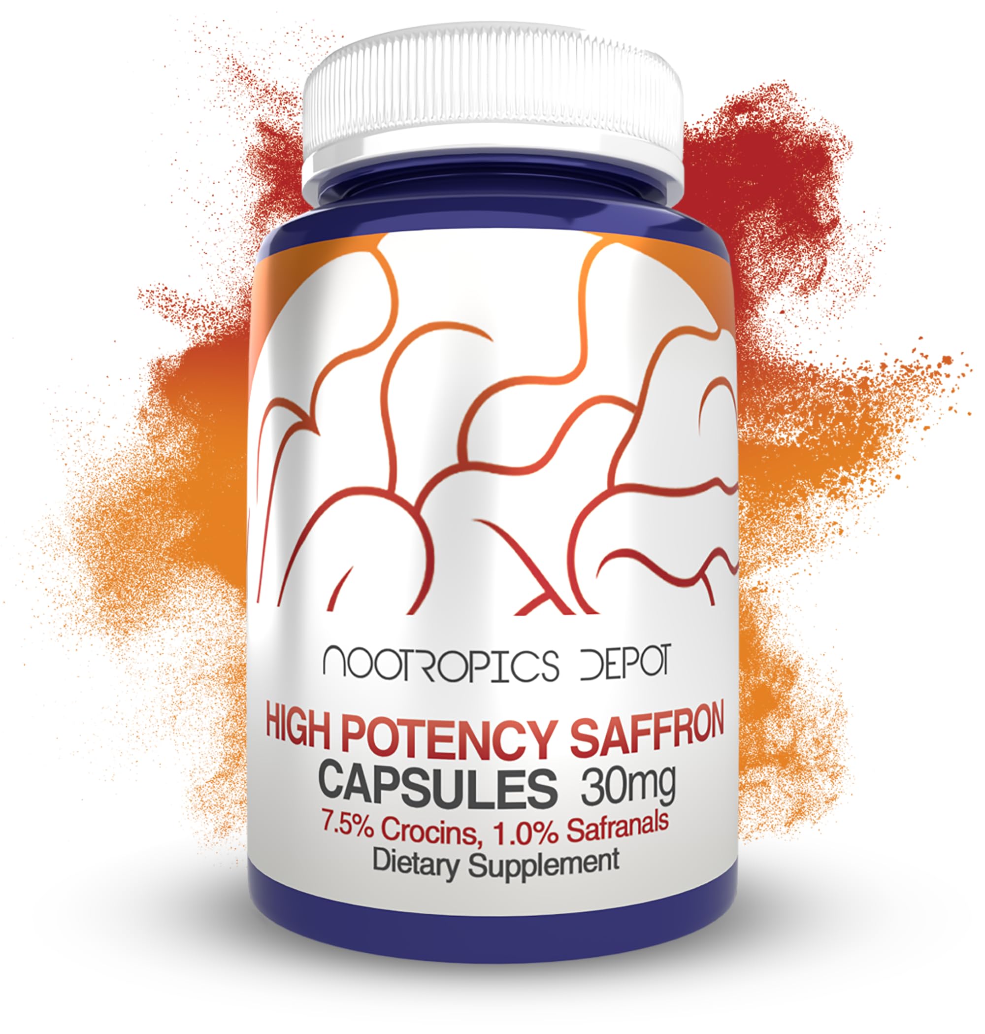 Nootropics Depot saffron capsules bottle on desk supporting daily mood balance.