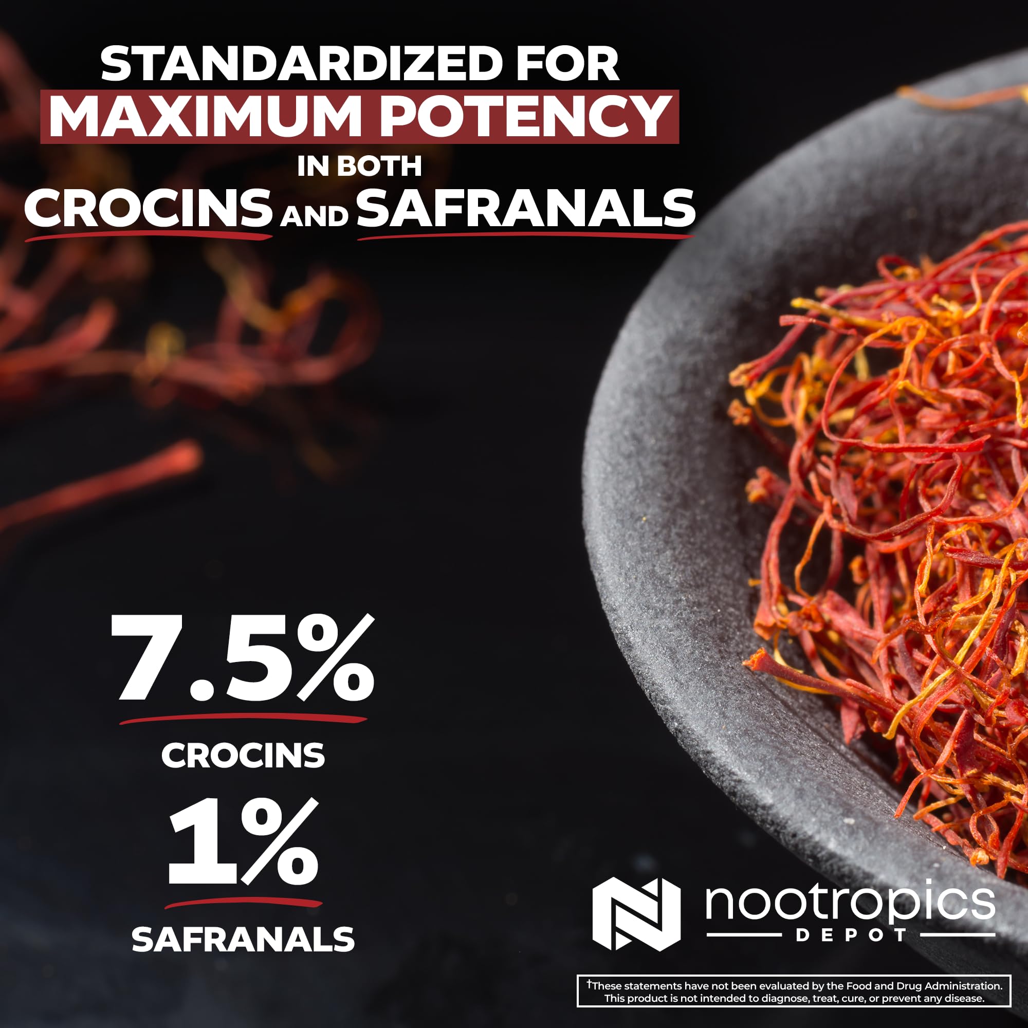 Nootropics Depot saffron capsules on shelf indicating 180 count packaging.